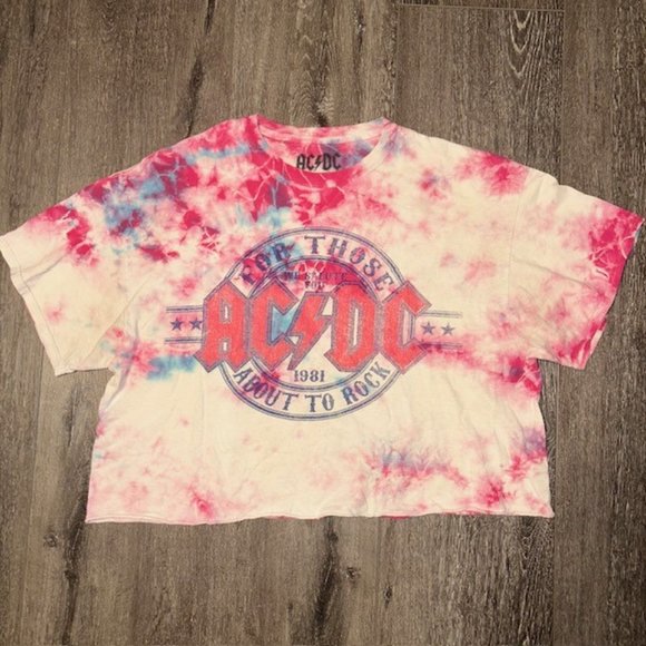 ac dc Tops - AC/DC Crop Top T-Shirt Womens Size L Large Pink Tie-Dye Shirt EUC